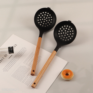 Yiwu market silicone kitchen utensil slotted spoon with wooden handle